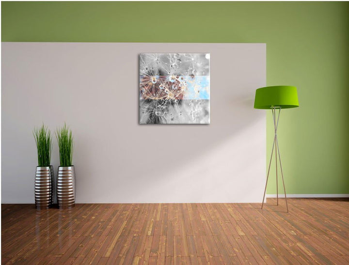 Pixxprint Tropfen an Pusteblume abstrakt schwarz/weiss, Format: 70x70 auf Leinwand, 70x70