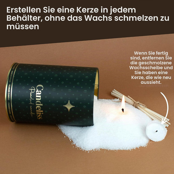 CANDELISS Kerzensand mit Docht Set in luxuriöser Metalldose. Kerzen sand perlenkerzen Pearled candle