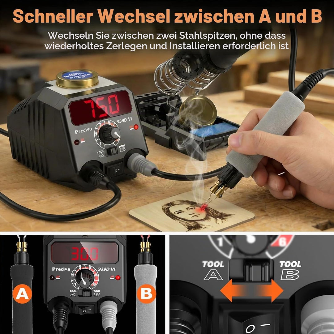Preciva 939D VI Doppelstift brandmalerei brennpeter für holz mit Digitalanzeige mit 20 Drahtspitzen,