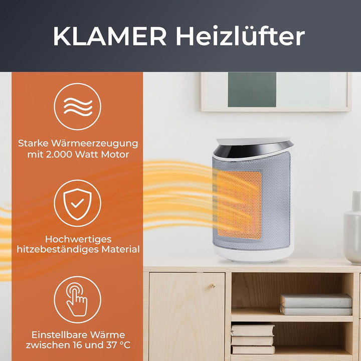 KLAMER Heizlüfter 2000 W, PTC Keramik Heizlüfter energiesparend, 3 Heizstufen inkl. Eco-Modus, 9 Std