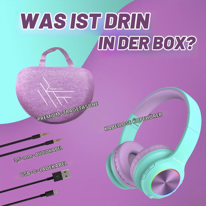 Kinderkopfhörer Bluetooth, PowerLocus Kinder Kopfhörer Kabellos mit LED-Leuchten 74/85/94dB Lautstär
