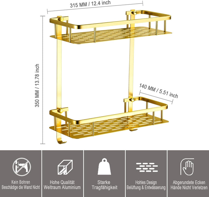 Duschregal Gold, Duschablage Ohne Bohren Badezimmer Regal aus Metall Wand Badregal Duschkorb, Rostfr