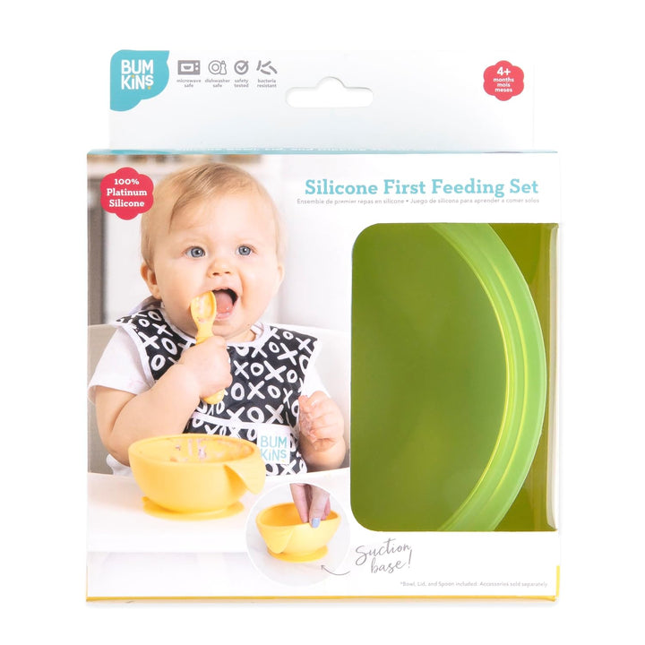 Bumkins - Erstes Baby Fütterungsset aus Silikon mit Saugnapf, Deckel und Löffel, Grün Jelly Green Je