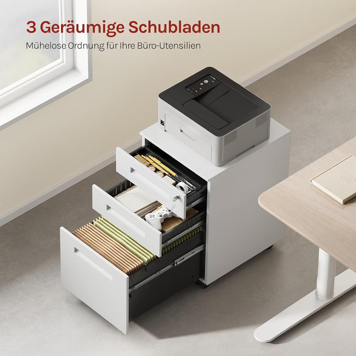 WOLTU Rollcontainer Metall, Mobiler Aktenschrank Büroschrank mit 3 Schubladen Bürocontainer, abschli