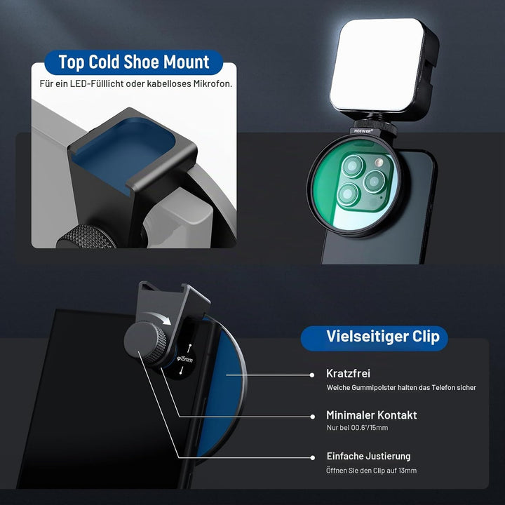 NEEWER 67 mm 1/4 schwarzer Diffusionsfilter & Kaltschuh-Handyclip für Handy, inklusive Tragetasche u