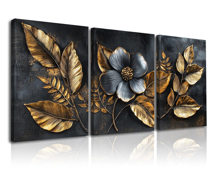 Piy Painting Blumen Wandgemälde, Schwarz Und Goldene Kunst Poster, Pflanzen Leinwand Gemälde, Leicht