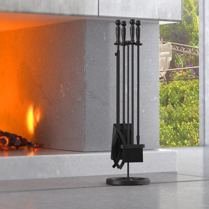 FireBeauty Kaminbesteck Set 5 Stück Schmiedeeisen Feuerstelle Schürhaken Halter 78,7 cm H (Schwarz),