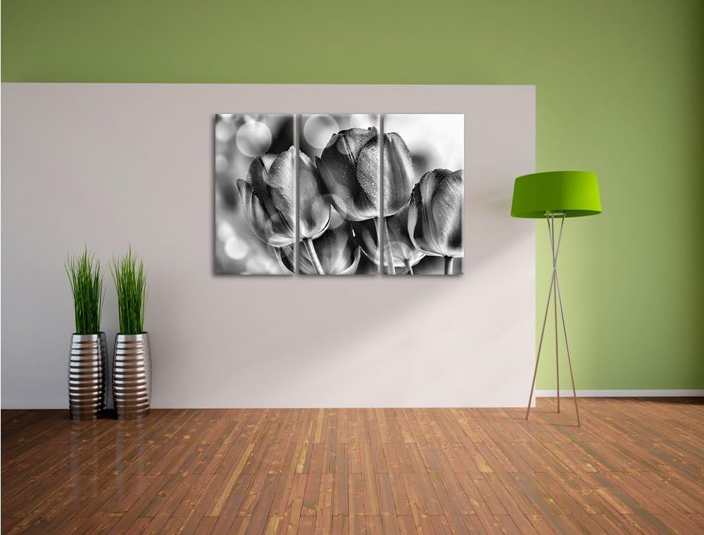 Pixxprint Rote Tulpen als Leinwandbild | Grösse: 3 Teilig (120x80) | Wandbild| Kunstdruck | fertig b