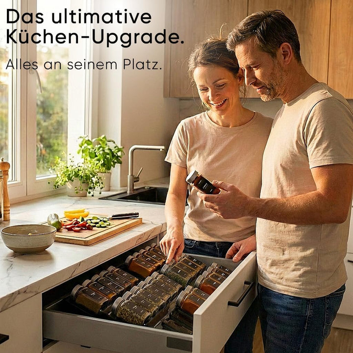 Deco haus® Gewürzregal mit Gläsern [MIT 24 GEWÜRZGLÄSER & ETIKETTEN] - Gewürzregal Schublade auszieh
