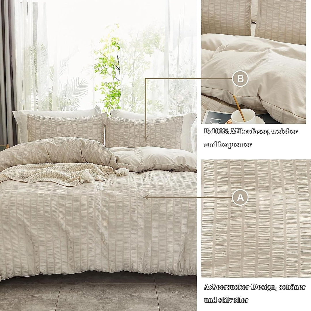 Freyamy Seersucker Bettwäsche 200x200cm 3teilig Beige Geprägt Streifen Strukturiert Bettwaren-Sets U