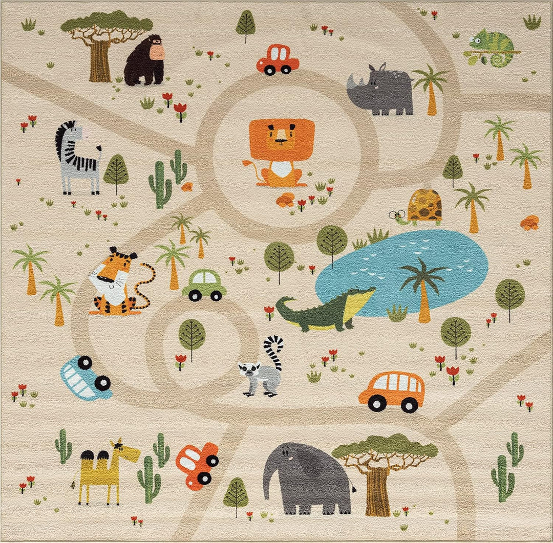 the carpet Happy Life – Kinderteppich Spielteppich mit Strassen‑Motiv, Dschungel, Tiere & Autos, rut