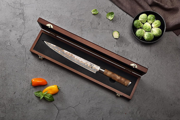 zayiko MysticMagma Damastmesser für Sashimi I Messer mit 25 cm Klinge gefertigt aus 67 Lagen Damasts