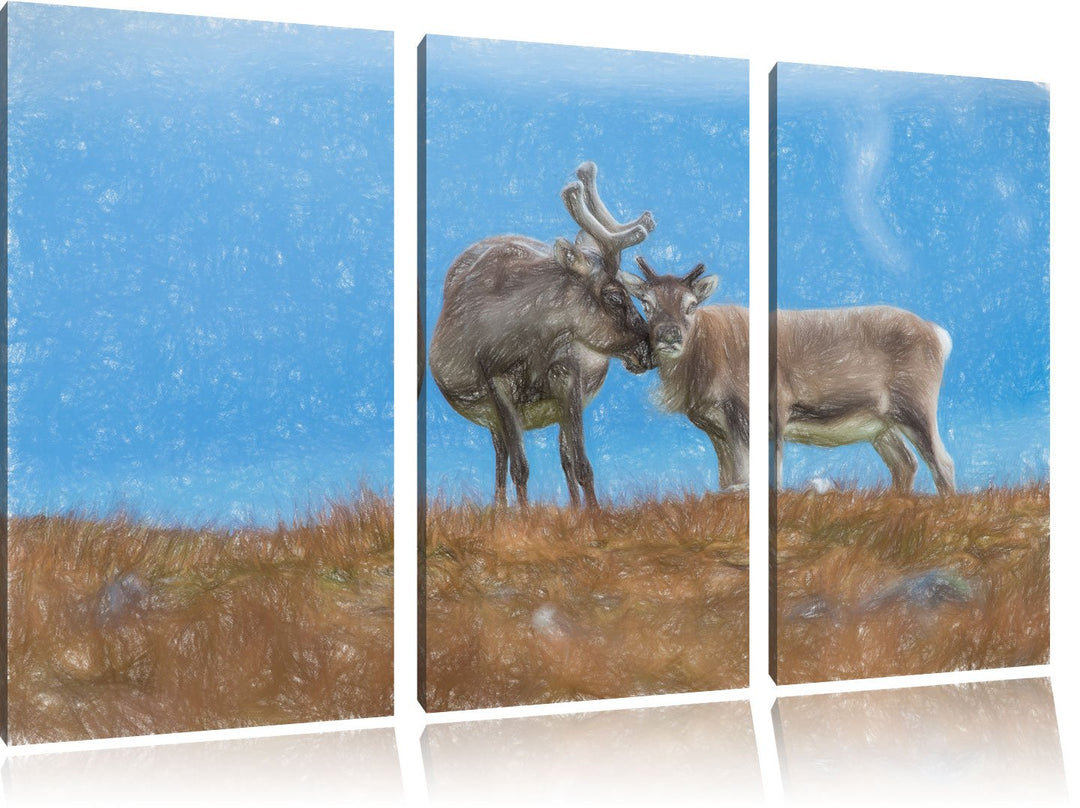 Pixxprint Rentiere die miteinander schmusen als Leinwandbild/Grösse: 3 Teilig (120x80) / Wandbild/Ku