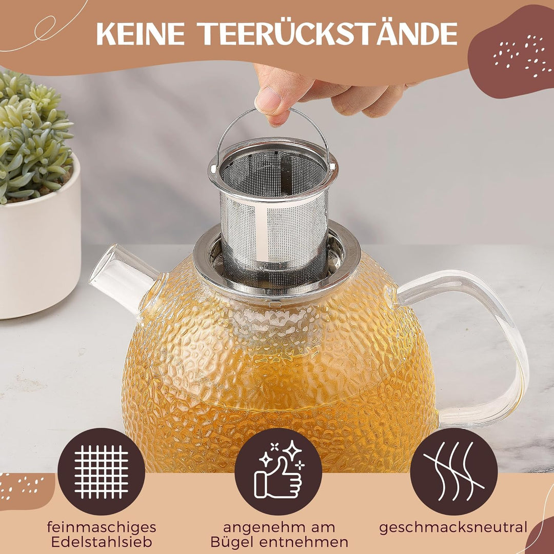 Glas Teekanne mit Siebeinsatz - 1,5 Liter - Erhöhte Glasstärke - Teekanne Glas - Teezubereiter für L