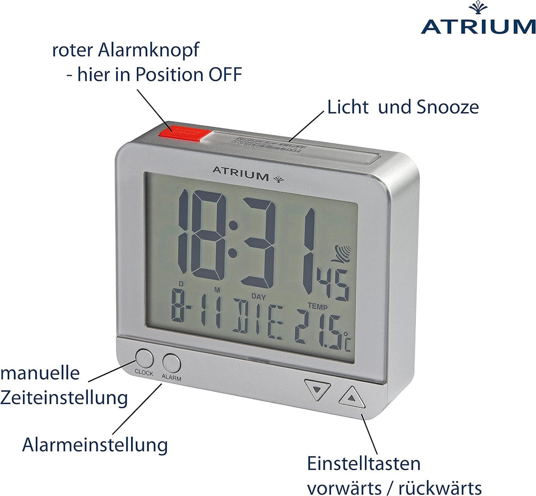 Atrium Funk-Wecker digital Silber sensorgesteuertes Nachtlicht, Obenabsteller, Datum und Temperatura