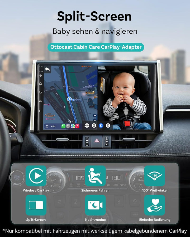 Ottocast Cabin Care CarPlay Adapter 2026, Ottocast Mini 1080P Rücksitz Kamera, USB-A Plug & Play, Nu
