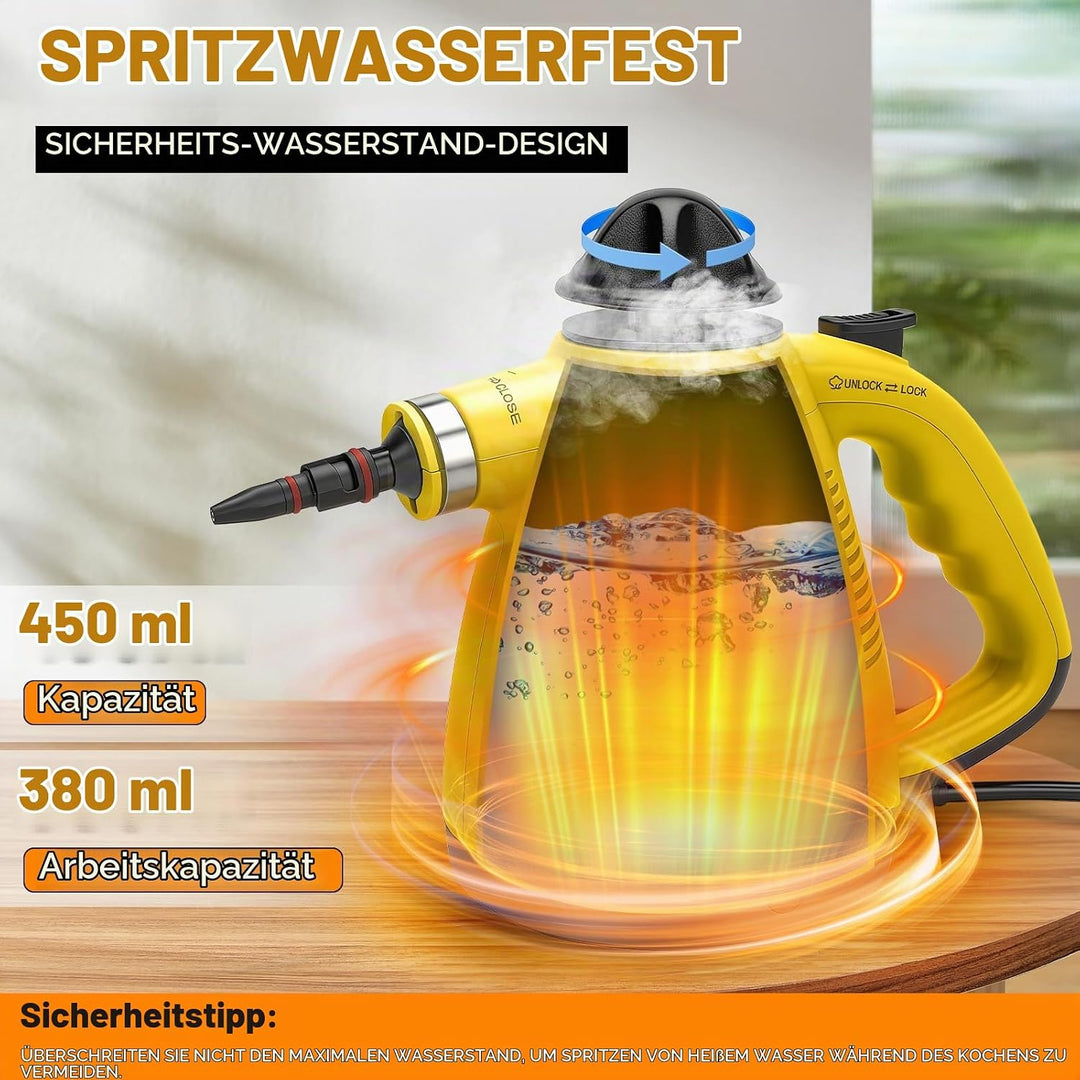 Dampfreiniger, Dampfreiniger Handgerät 1050W für zuhause, 450ml Wassertank, 3,5 Bar Dampfdruck, 8 Zu