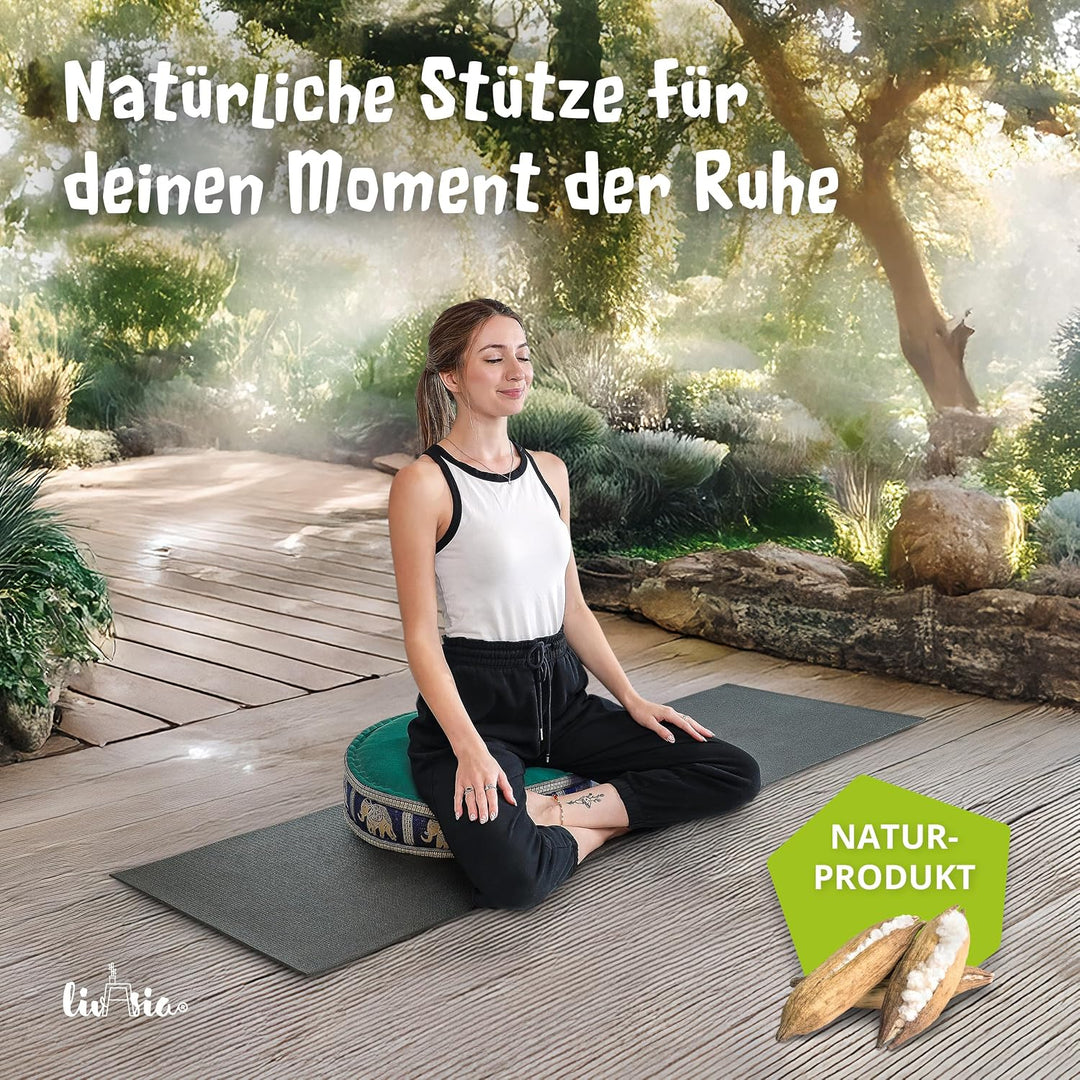 livasia Meditationskissen mit Thaiseide - Ø 45x15cm - Yogakissen mit Kapok, Pouf, Bodenkissen für Yo
