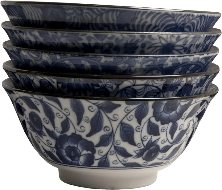 Matcha - Reisschalen 5-er Set Japan Porzellan blau weiss Blumen, Nr. 070