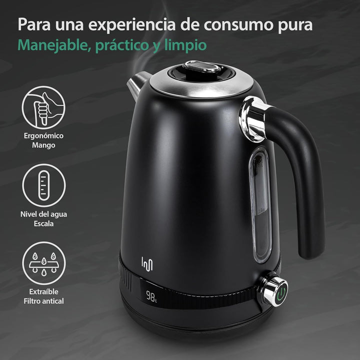 Impolio Retro Wasserkocher 1,7 L, LCD Display und Temperaturauswahl, TÜV Rheinland GS Zertifiziert,