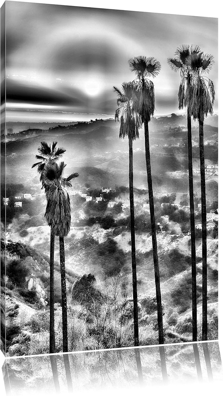 Pixxprint Palmen im Sonnenuntergang / 100x70cm Leinwandbild bespannt auf Holzrahmen/Wandbild Kunstdr