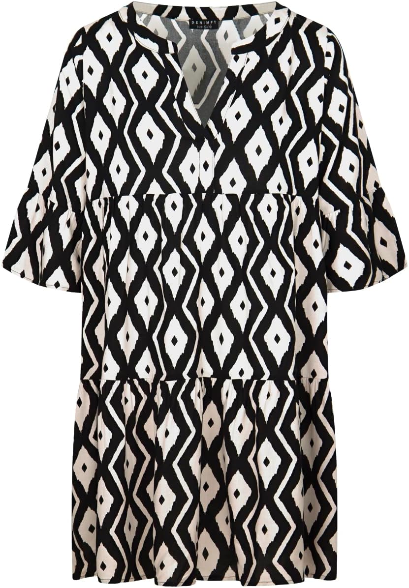 DENIMFY Sommerkleid Damen Knielang A Linie DFFrida 3/4 Ärmel Strandkleid Boho Tunika Kleid Sommer Mi