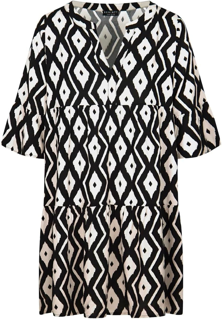 DENIMFY Sommerkleid Damen Knielang A Linie DFFrida 3/4 Ärmel Strandkleid Boho Tunika Kleid Sommer Mi