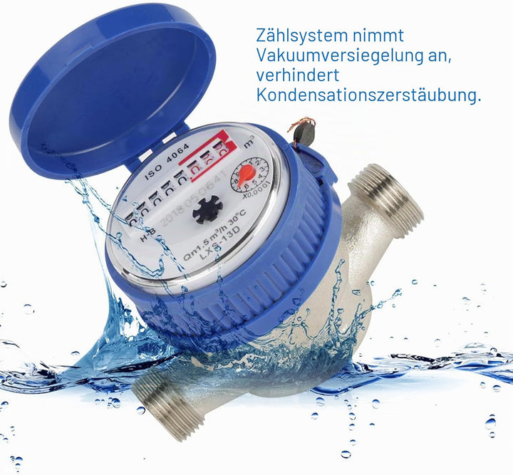 Wasseruhr Garten Geeicht, 15mm Wasserzähler Geeicht, 1/2 Zoll Gartenwasserzähler mit Armaturen, für