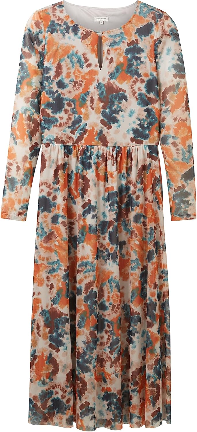 Tom Tailor Damen 1037927 Mesh Kleid mit Muster (1er Pack) 34 32367 - Grey Orange Tie Dye Floral, 34