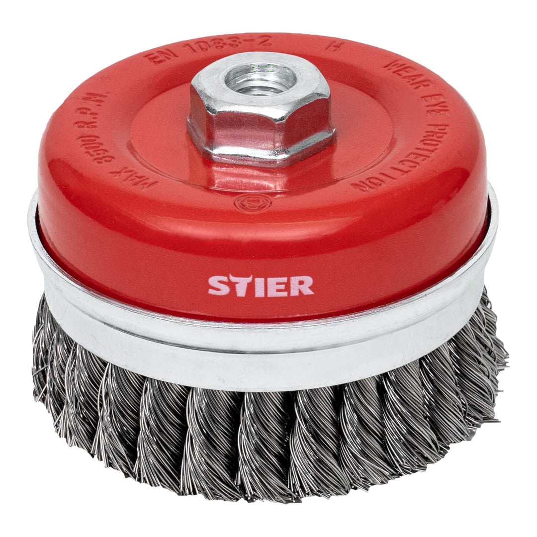 STIER Topfbürste Stahl, gezopfter Draht, für Winkelschleifer, Ø 100 mm, M14, Drahtstärke 0,5 mm, Dra