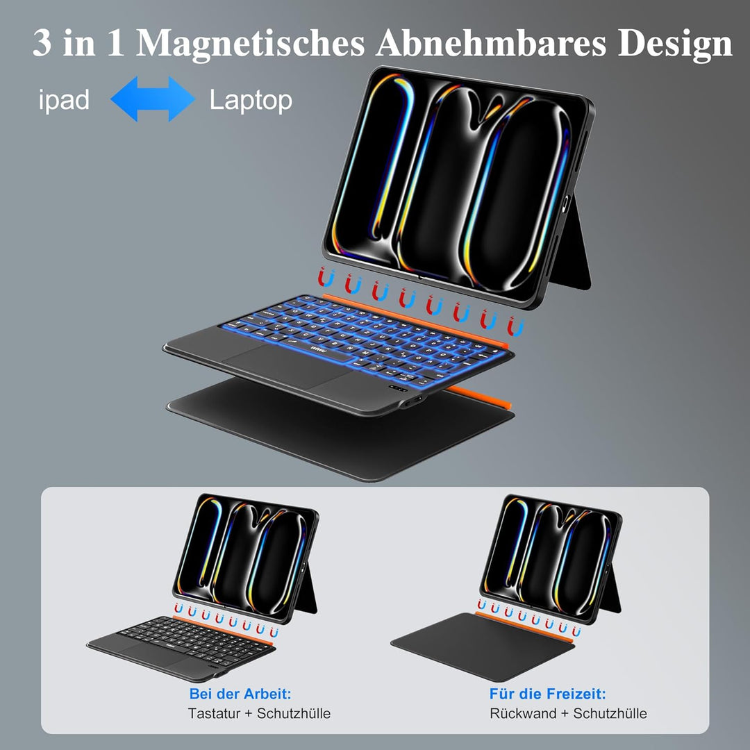 WIWU iPad Pro 11 Hülle mit Tastatur 3 in 1 Magnetische Abnehmbare Tasche Tastatur Ständer Beleuchtet