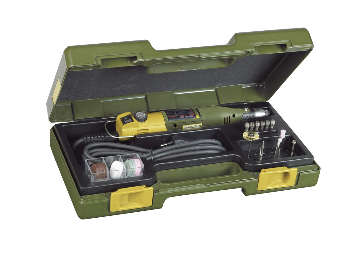 Proxxon 28430 Set Bohr- und Fräsgerät Micromot 230/E mit 34 Einsatzwerkzeugen im Koffer 230 Volt Han