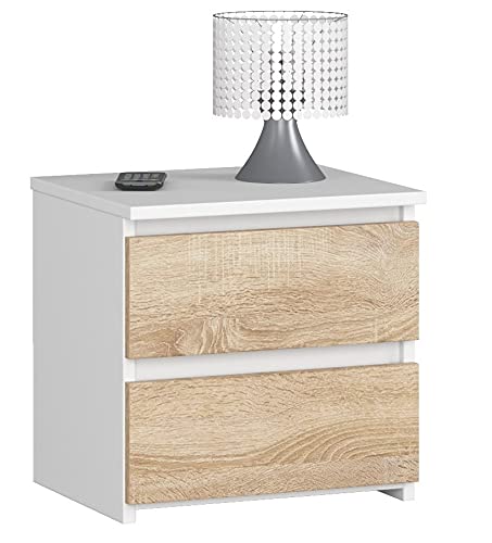 AKORD Nachttisch in minimalistischer Optik, mit 2 Schubladen, B40 x H40 x T35 cm Weiss / Sonoma-eich