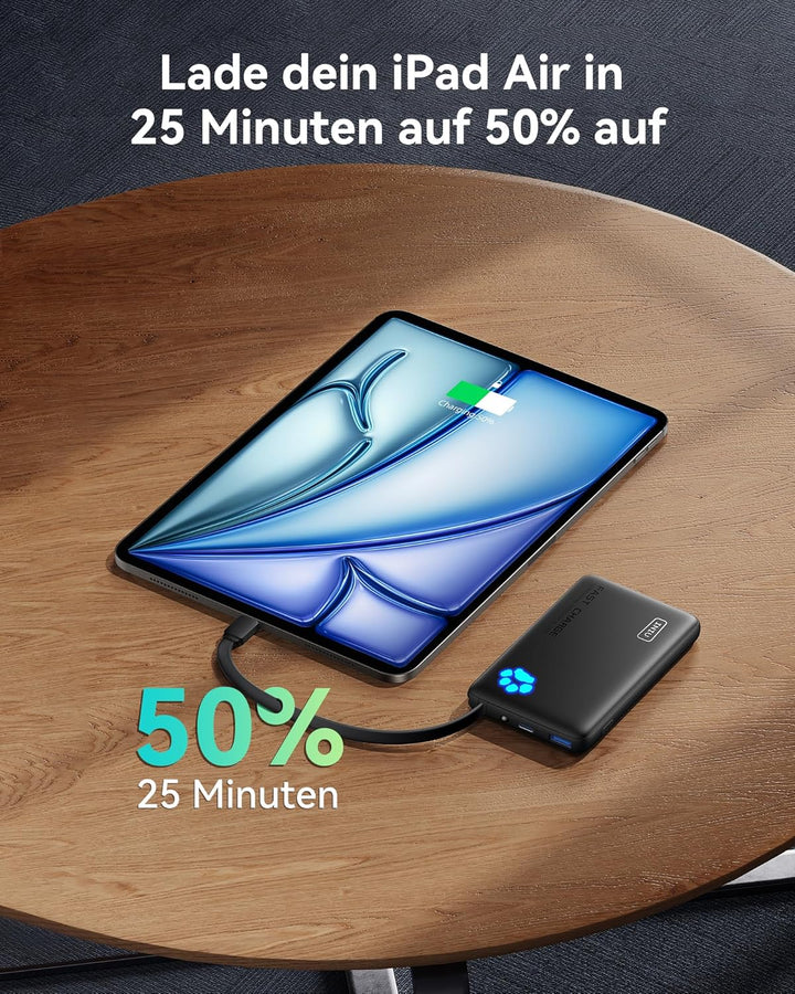 INIU 45W Power Bank, Mini-Grösse 10000mAh PowerBank mit Integriertem USB-C Kabel, Schnellladen Exter