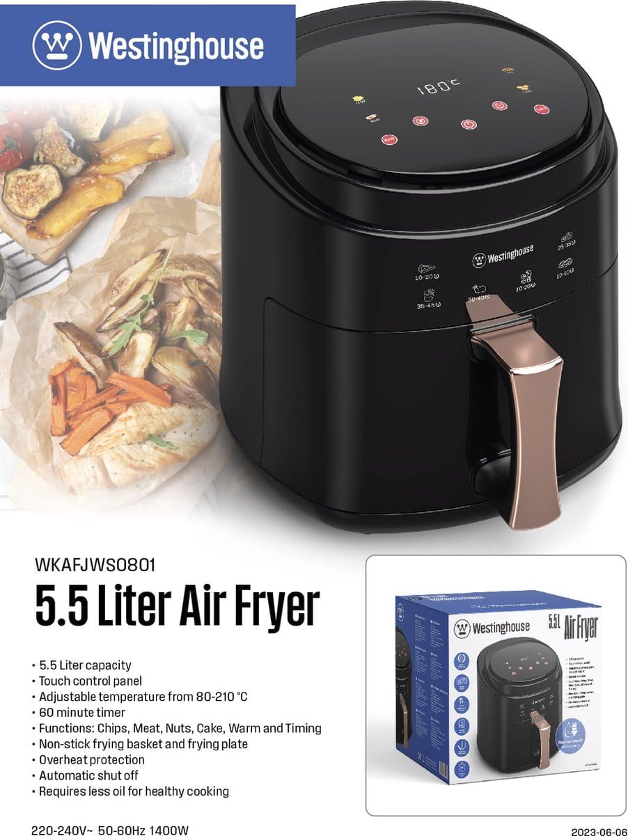 Westinghouse Air Fryer mit 5,5 L Kapazität, 6 praktische Automatikprogramme, Bedienung über Touch Pa