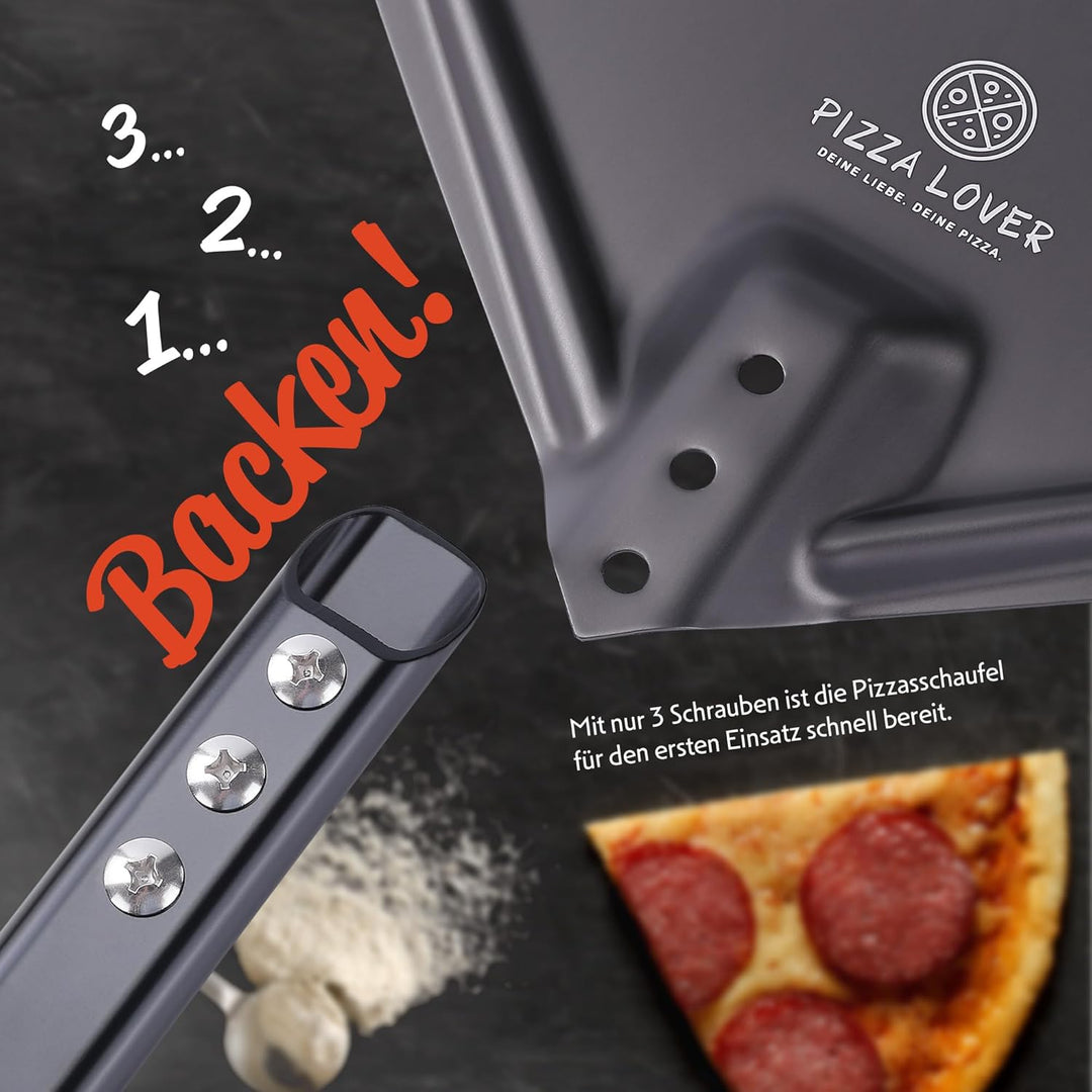 Pizza Lover® hochwertiger Pizzaschieber perforiert 35 x 35 cm Pizzaschaufel aus harteloxiertem Alumi