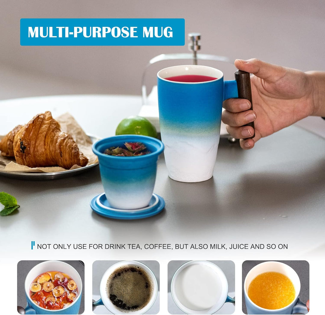 suyika Tomotime Keramik-Teetasse mit Teesieb und Deckel, Holzgriff, 400 ml, Cyanblau, 04-blau und We