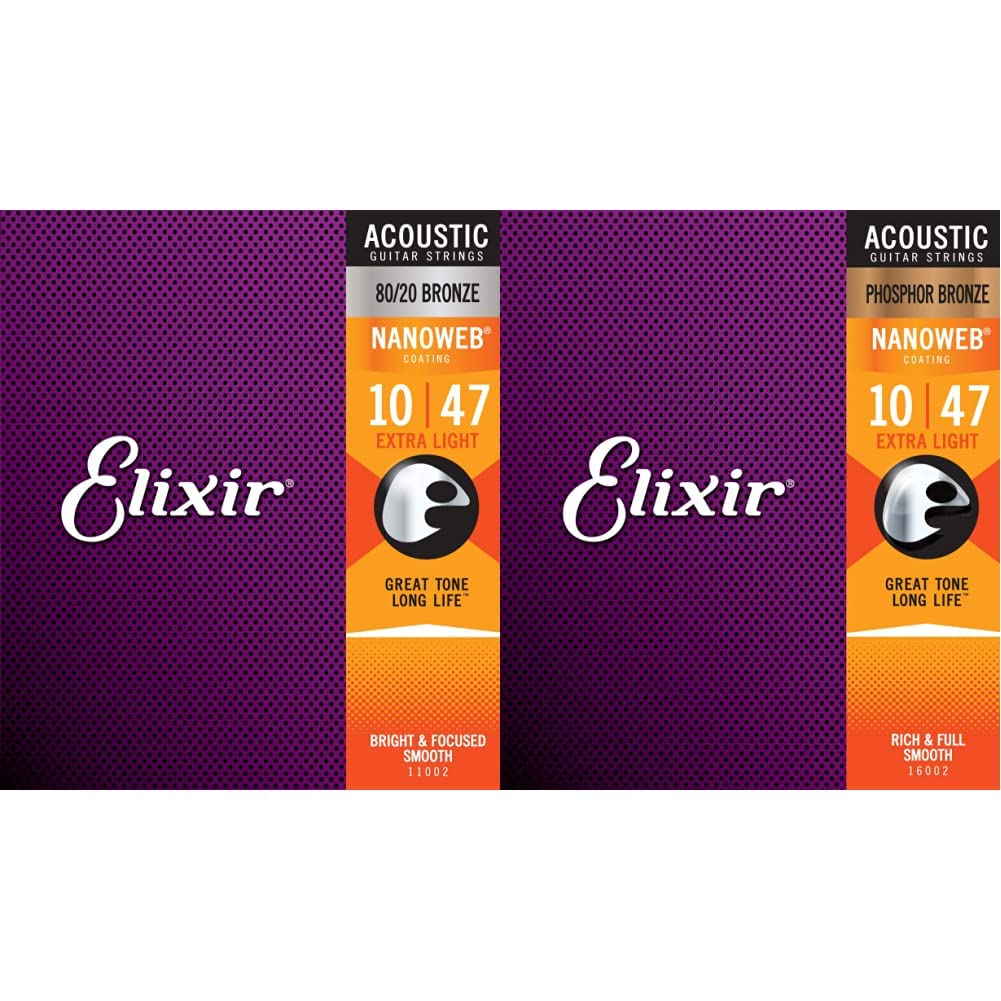 Elixir® 11002 Saiten 80/20 Bronze Akustik-Gitarrensaiten mit NANOWEB® Beschichtung, Extra Light &amp; 16