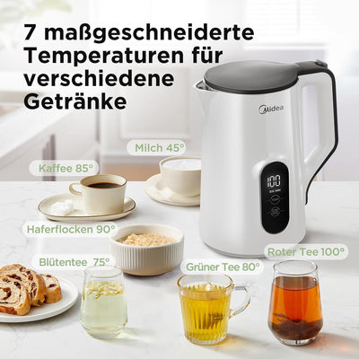 Midea Wasserkocher mit Temperatureinstellung, 1,5 Liter, 2200W Doppelwand, wasserkocher weiss, Teeko