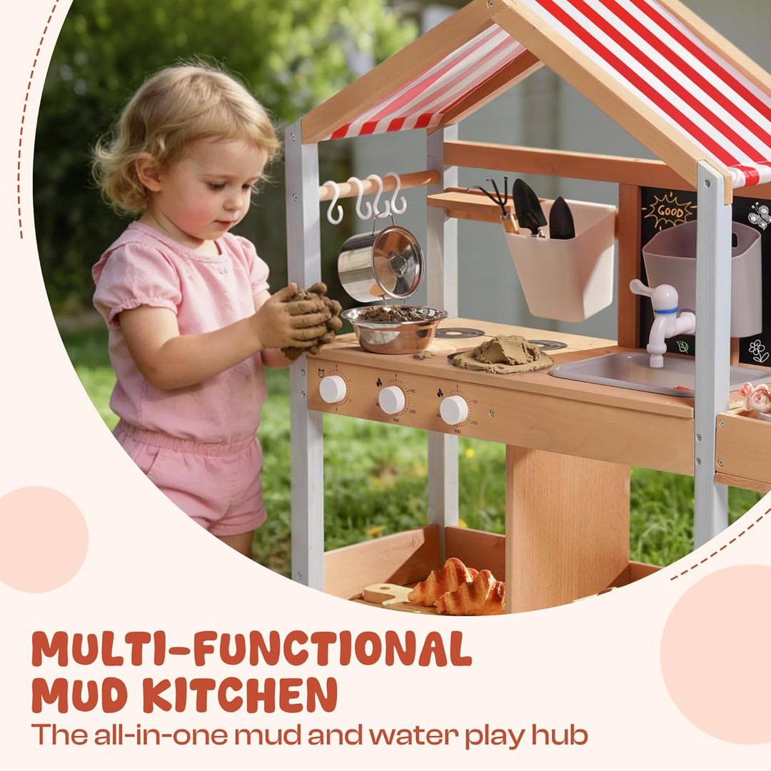 ROBOTIME Mud Kitchen Outdoor Spielset für Kinder, Spielküche mit abnehmbarem Pflanzkasten, Spüle, He
