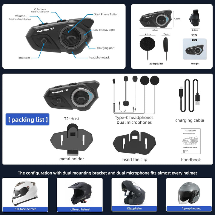 WAYXIN T2 Motorrad Headset mit Gegensprechanlage,Helm Kommunikationssystem für 2 Personen in Reichwe
