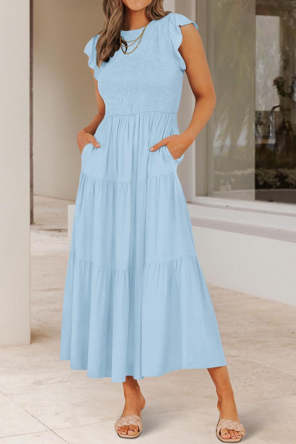 Damen Sommerkleid A Linie Kleider Kurzarm Kleid Midi Freizeitkleid L Hellblau, L Hellblau