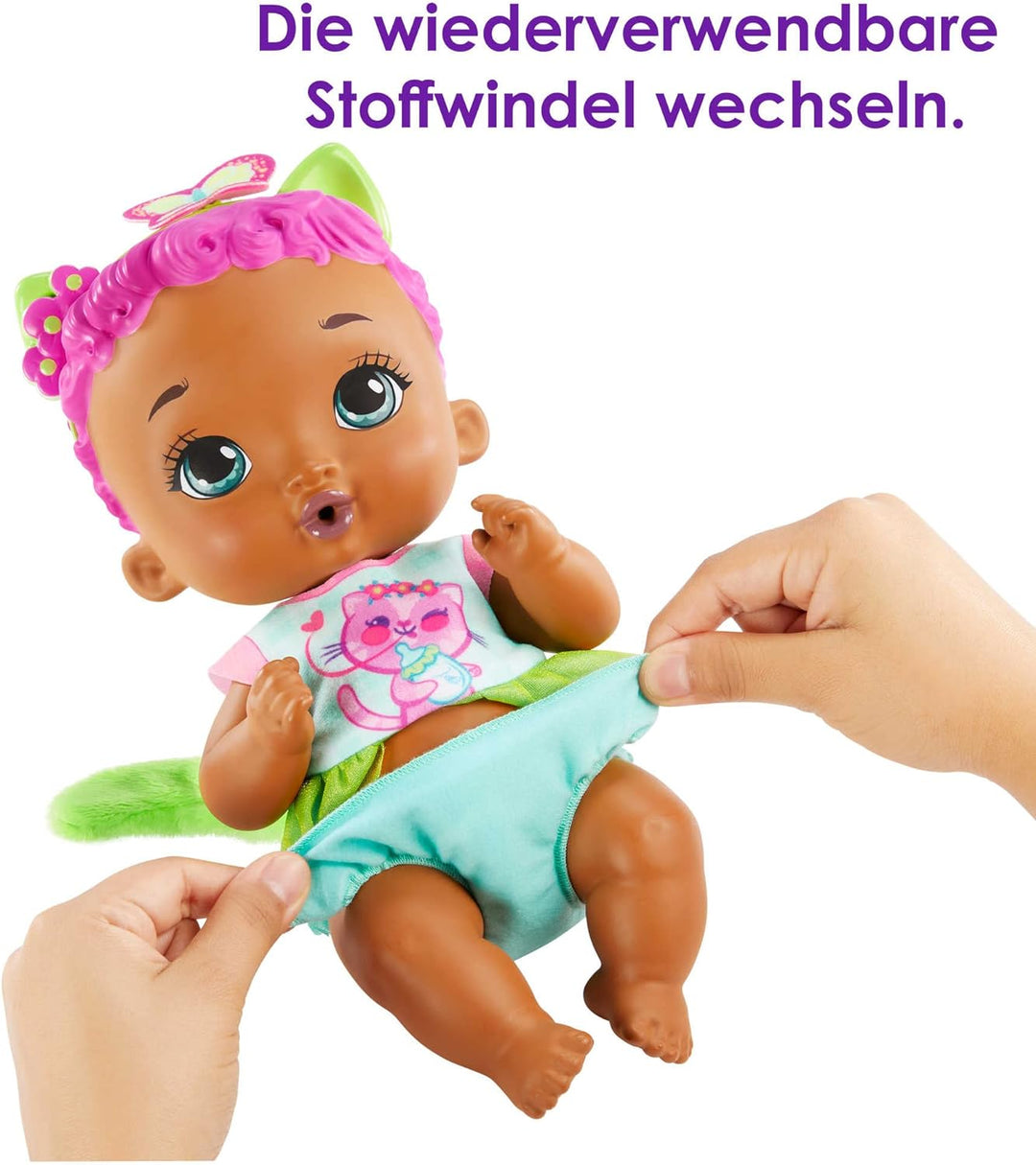 MY GARDEN BABY Katzenbaby-Puppe - Pinkes Haar, Grüner Rock, Jasminduft, Lätzchen, Fläschchen, Stoffw