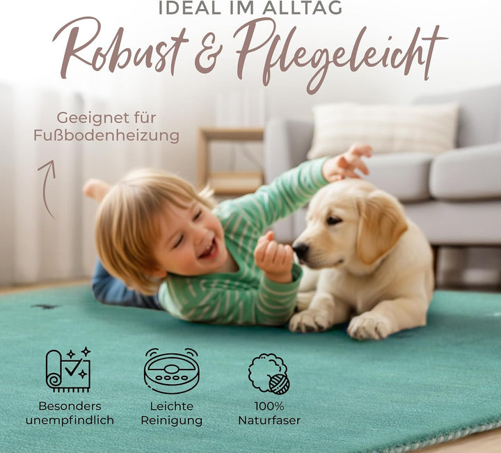 carpetfine Wollteppich Gabbeh Uni Türkis 60x90 cm | Moderner Teppich für Wohn- und Schlafzimmer 60x9