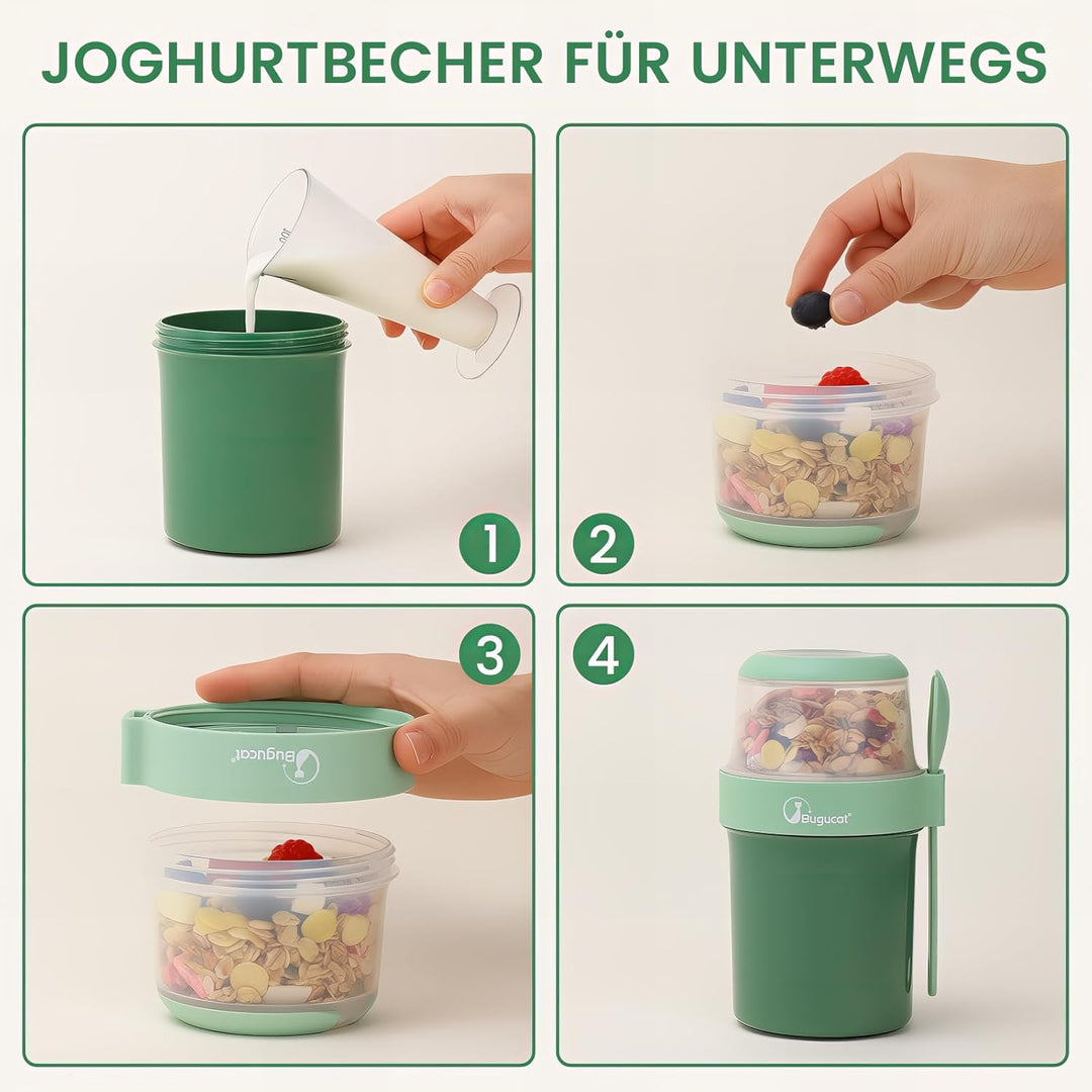 Bugucat 2in1 Müslibecher to Go 560ml+310ml, Praktischer Joghurtbecher & Müslibecher für Picknick 2er