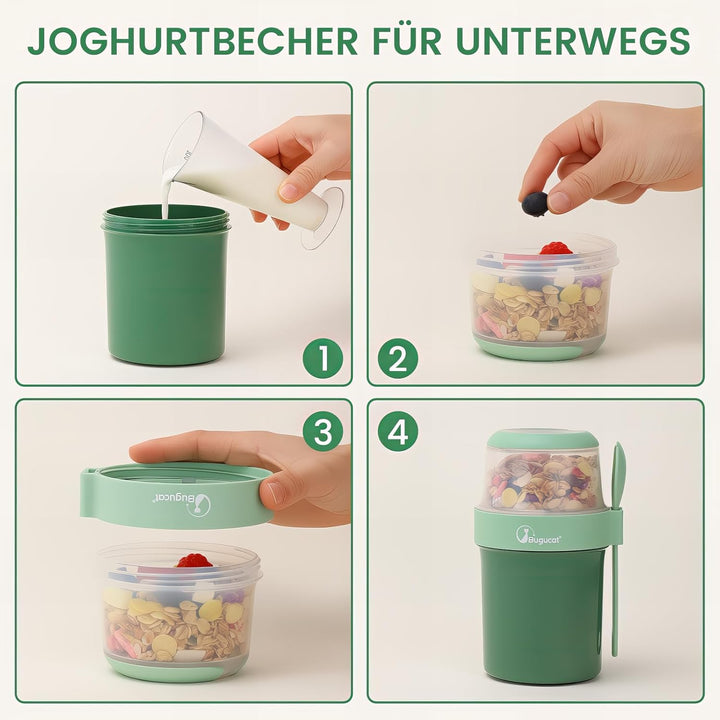Bugucat 2in1 Müslibecher to Go 560ml+310ml, Praktischer Joghurtbecher & Müslibecher für Picknick 2er