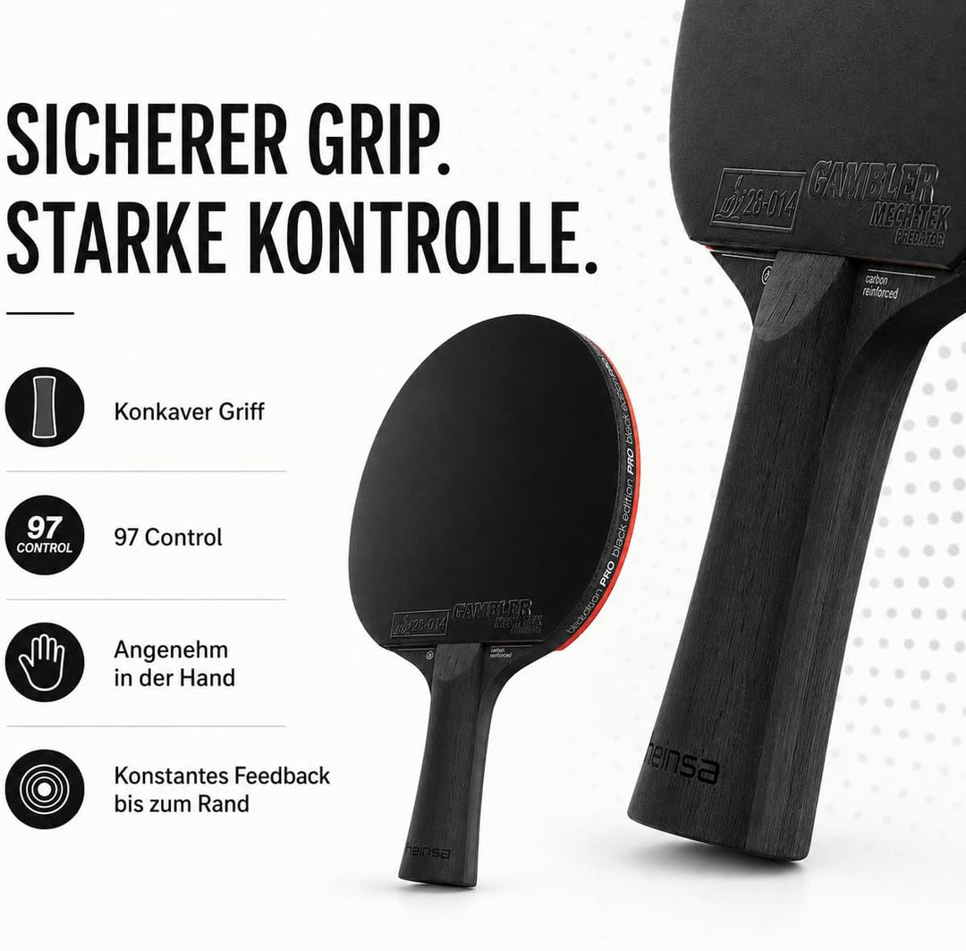 Black Edition Pro – Carbon Tischtennisschläger mit Mech-Tek Predator Belag (2,1 mm), ITTF-zugelassen