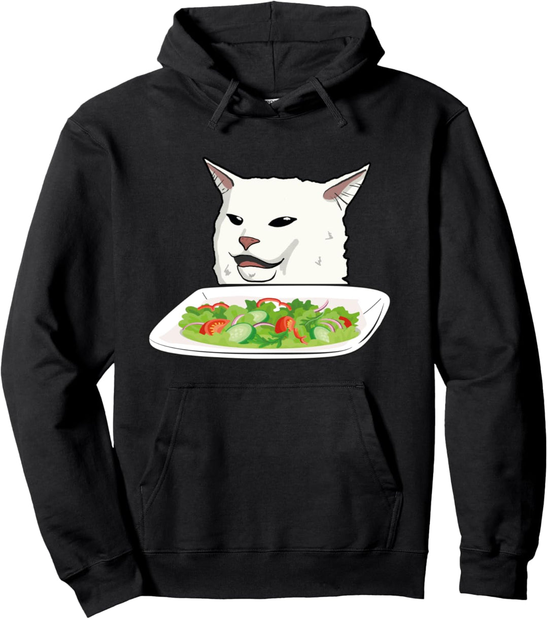 Angry women yelling at confused cat at dinner table meme Pullover Hoodie