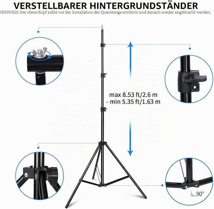 Vevelux 2.6 x 3 M Foto Hintergrund Ständer, Verstellbarer Hintergrundsystem mit 4 Klammer, 2 Sandsac