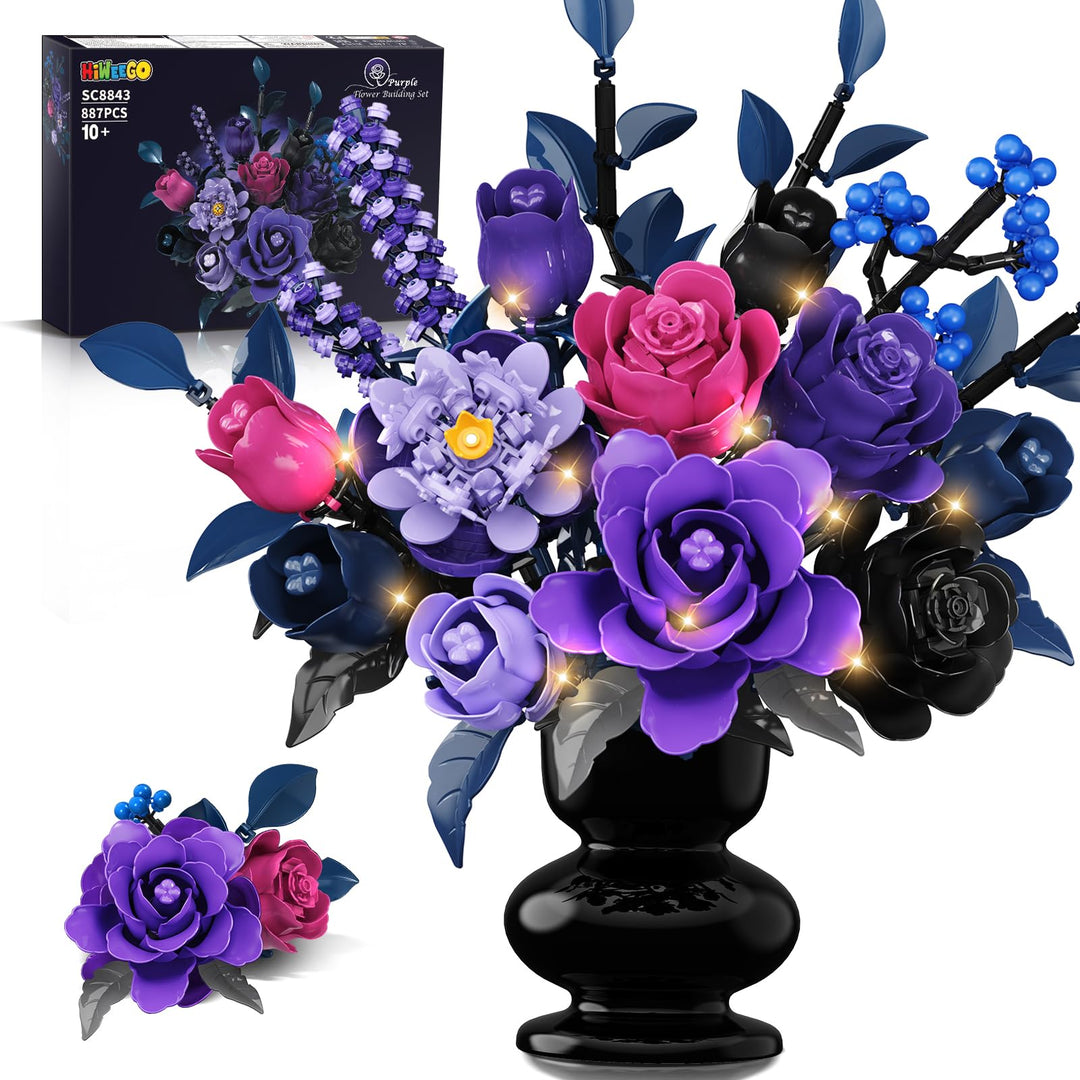 Blumen Bauset - 17 Blume Blumenstrauss Bausteine mit LED, 887 Teile Kunstblumen Bausatz Spielzeug, L